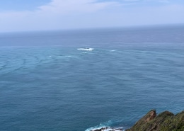 Ocean view from a coastal cliff with distant waves and blue sky, perfect for peaceful powerboating adventures.