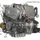 Diesel engine with labeled parts: coolant cap, fuel filter, oil dipstick, water pump, and belt for marine powerboats.