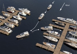 Powerboats maneuvering in a marina with docks, guided by wind direction and arrows, illustrating effective docking techniques.