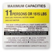 Boat capacity label: Max 11 people or 1515 lbs. Complies with U.S. Coast Guard standards. Boston Whaler model V-22.