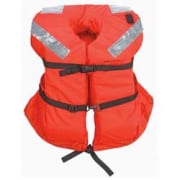 Bright orange life jacket with reflective strips, essential safety gear for powerboating and marine activities.