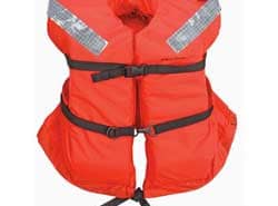 Bright orange life jacket with reflective strips, essential safety gear for powerboating and marine activities.