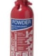 Red powder fire extinguisher with blue handle, essential for boat safety and emergency preparedness on the water.