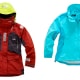 Red and black powerboating jacket with a yellow hood next to a vibrant blue jacket on a white background.