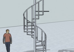 Spiral staircase design with a person walking nearby, showcasing modern architecture and spatial efficiency.