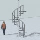 Spiral staircase design with a person walking nearby, showcasing modern architecture and spatial efficiency.