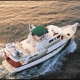 Aerial view of a luxurious powerboat cruising on open water at sunset, showcasing elegance and performance.