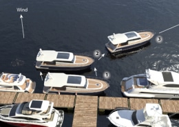 Powerboats docking strategy under windy conditions, focusing on maneuvers for safe and efficient mooring.