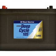 West Marine Deep Cycle 105 battery, Group 31, 12-month warranty. Ideal for reliable powerboating energy needs.