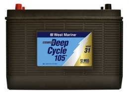 West Marine Deep Cycle 105 battery, Group 31, 12-month warranty. Ideal for reliable powerboating energy needs.