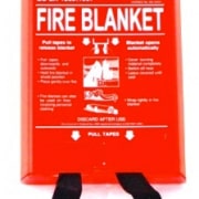 Red fire blanket container with safety instructions, essential for powerboat safety and emergency preparedness.