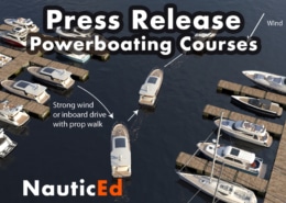 Powerboating course press release: boats maneuvering in wind, docks at marina. NauticEd training announcement.