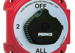 Perko marine battery switch for powerboats, red casing with off/1/2/all settings, ensuring safe engine control.