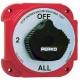 Perko marine battery switch for powerboats, red casing with off/1/2/all settings, ensuring safe engine control.