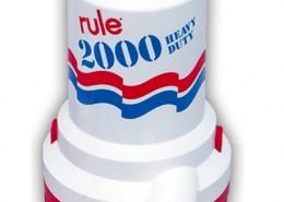 Rule 2000 Heavy Duty bilge pump with red and blue accents, ideal for efficient water removal in powerboats.