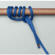 Blue rope tied with figure-eight knot on wooden rod, essential powerboating skill for secure docking and safety.