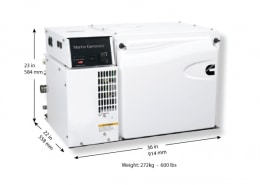 Compact marine generator, dimensions 23x22x36, weight 600 lbs, ideal for efficient powerboating performance.