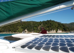 Person navigating a powerboat with solar panels, surrounded by blue waters and lush green coastline.