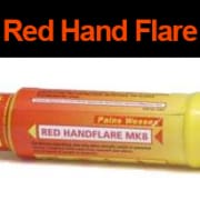 Red hand flare for emergency use in powerboating, safety gear, and marine signaling. Essential for on-water safety.