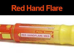 Red hand flare for emergency use in powerboating, safety gear, and marine signaling. Essential for on-water safety.