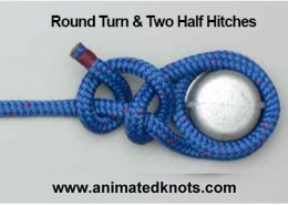 Round Turn and Two Half Hitches knot securing a blue rope around a post for powerboating, from animatedknots.com.