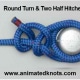 Round Turn and Two Half Hitches knot securing a blue rope around a post for powerboating, from animatedknots.com.