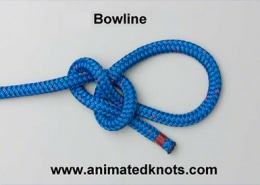 Blue bowline knot illustration, essential for powerboating and sailing. Learn more at www.animatedknots.com.