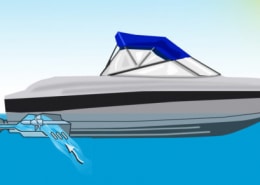 Illustration of a powerboat on water, showing the mechanics of a marine propulsion system.