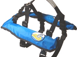 Blue dog life jacket with straps and logo, ideal for boating safety and pet comfort.