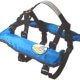 Blue dog life jacket with straps and logo, ideal for boating safety and pet comfort.