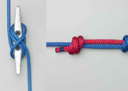 Red and blue boating ropes tied in various essential knots, perfect for secure docking and sailing efficiency.