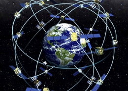 Satellites orbiting Earth in space, representing global communication and navigation technology.