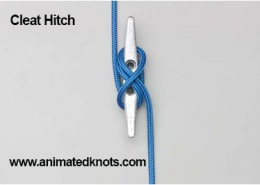 Cleat hitch knot on a silver cleat with blue rope, essential for powerboating safety and docking. Learn at animatedknots.com.