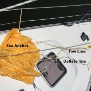 Sea anchor setup with tow and deflate lines on a boat deck, essential equipment for powerboating safety and stability.