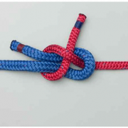 Bowline knot tying red and blue ropes for secure powerboating. Essential nautical knot for reliable boating safety.