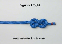 Blue figure-eight knot for secure powerboating. Learn more at animatedknots.com for boating safety and skills.