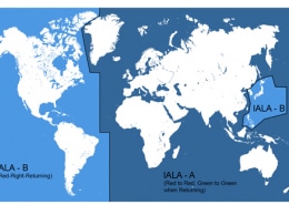 World map illustrating IALA maritime buoyage systems: Region A and B navigation rules for safe powerboating.