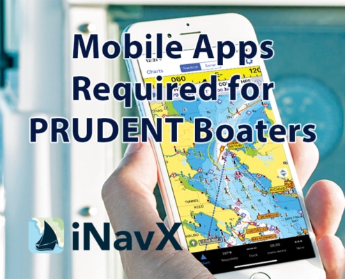 Mobile navigation app for prudent boaters displayed on a smartphone, featuring nautical charts and iNavX branding.