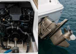 Powerboat engine and propeller close-up, showing intricate mechanics and sleek design for high-performance boating. Inboards vs. Inboard/Outboards (I/O): What Actually Matters