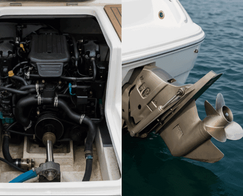 Powerboat engine and propeller close-up, showing intricate mechanics and sleek design for high-performance boating. Inboards vs. Inboard/Outboards (I/O): What Actually Matters