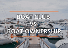 Marina scene with text overlay: Boat Club vs Boat Ownership. Explore pros and cons of joining a boat club or owning a boat.