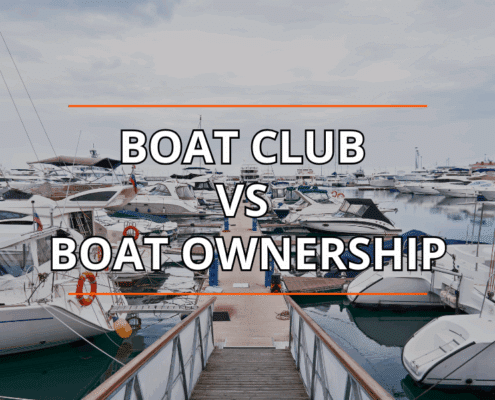Marina scene with text overlay: Boat Club vs Boat Ownership. Explore pros and cons of joining a boat club or owning a boat.