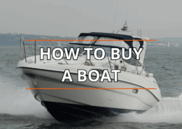 Powerboat cruising on water with How to Buy a Boat text overlaying the image.
