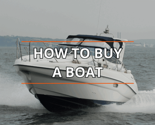 Powerboat cruising on water with How to Buy a Boat text overlaying the image.