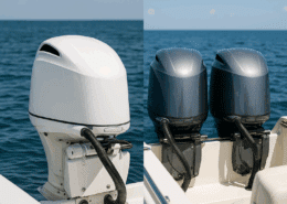 White and gray outboard boat engines on a boat in clear blue ocean water.