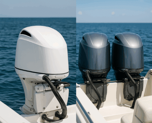White and gray outboard boat engines on a boat in clear blue ocean water.