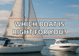 Sailboat and powerboat on a calm lake with text overlay: Which Boat Is Right for You?