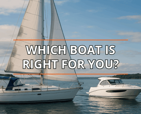 Sailboat and powerboat on a calm lake with text overlay: Which Boat Is Right for You?