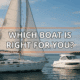 Sailboat and powerboat on a calm lake with text overlay: Which Boat Is Right for You?