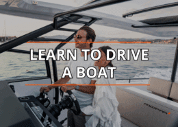 A couple learning to drive a powerboat on the water at sunset, featuring Learn to Drive a Boat text overlay.